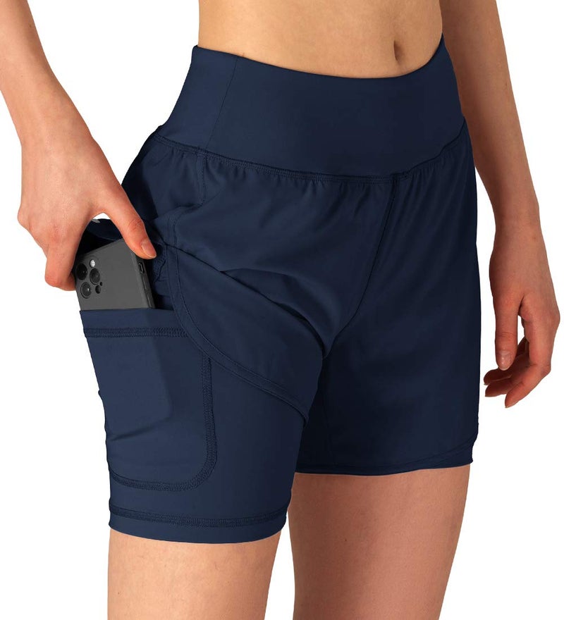 Gopune Women's 2 in 1 Running Shorts Workout Athletic Gym Yoga Shorts for Women with Phone Pockets Navy,M - Image 1