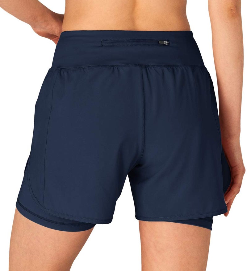 Gopune Women's 2 in 1 Running Shorts Workout Athletic Gym Yoga Shorts for Women with Phone Pockets Navy,M - Image 4