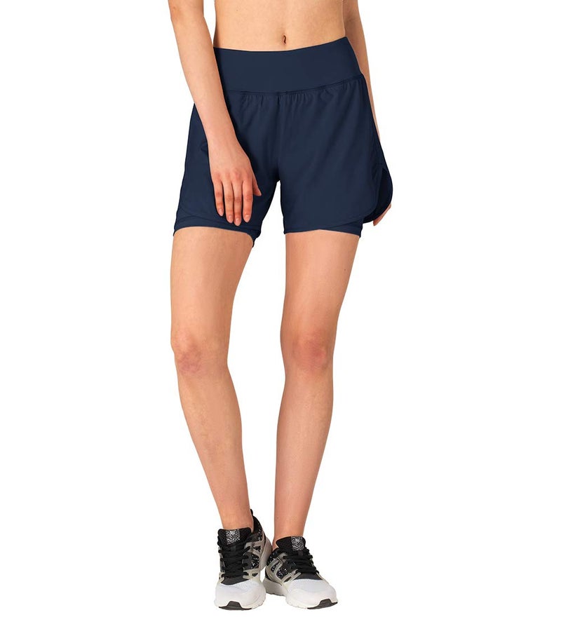 Gopune Women's 2 in 1 Running Shorts Workout Athletic Gym Yoga Shorts for Women with Phone Pockets Navy,M - Image 2