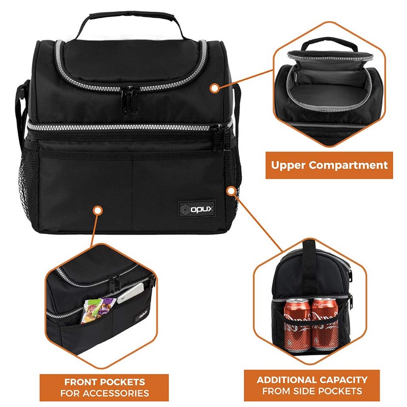 OPUX Lunch Box For Men Women, Insulated Large Lunch Bag Adult Work, Double Decker Lunchbox Meal Prep, Dual Compartment Leakproof Lunch Cooler, Soft Lunch Pail Tote Boys Girls Kids School, Black 16 Can - Image 5