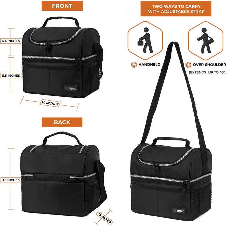 OPUX Lunch Box For Men Women, Insulated Large Lunch Bag Adult Work, Double Decker Lunchbox Meal Prep, Dual Compartment Leakproof Lunch Cooler, Soft Lunch Pail Tote Boys Girls Kids School, Black 16 Can - Image 4