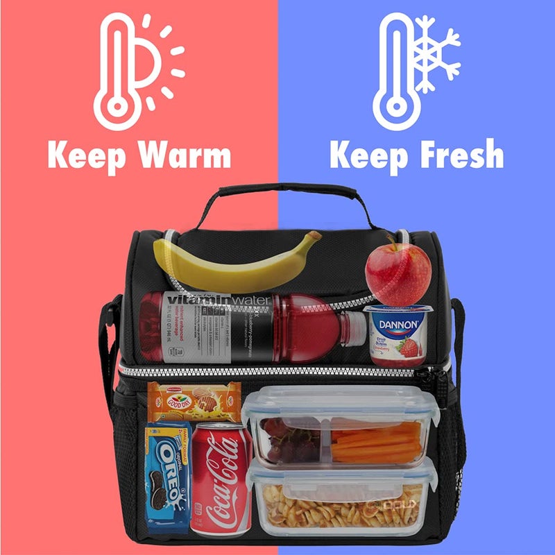 OPUX Lunch Box For Men Women, Insulated Large Lunch Bag Adult Work, Double Decker Lunchbox Meal Prep, Dual Compartment Leakproof Lunch Cooler, Soft Lunch Pail Tote Boys Girls Kids School, Black 16 Can - Image 2