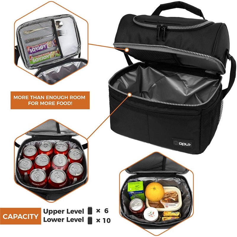 OPUX Lunch Box For Men Women, Insulated Large Lunch Bag Adult Work, Double Decker Lunchbox Meal Prep, Dual Compartment Leakproof Lunch Cooler, Soft Lunch Pail Tote Boys Girls Kids School, Black 16 Can - Image 3