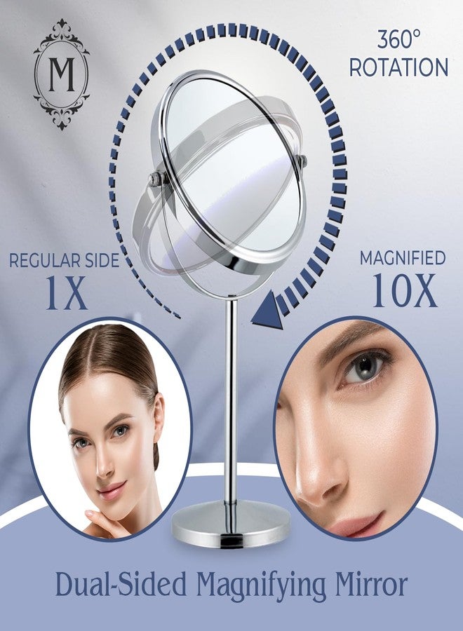 Mirrorvana 10X Magnifying Makeup Mirror on Round Stand for Tabletop, Bedroom Vanity Desk and Bathroom Counter - Free Standing Double Sided 10X/1X Magnification Mirror - 7" Wide and 14" Tall (Chrome) - Image 2