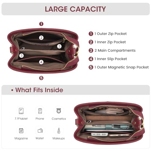 Kattee Leather Handbags for Women, Soft Shoulder Tote Bucket Bags Crossbody Purses with 2 Straps Red - Image 5