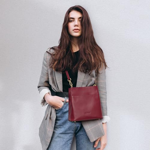 Kattee Leather Handbags for Women, Soft Shoulder Tote Bucket Bags Crossbody Purses with 2 Straps Red - Image 2