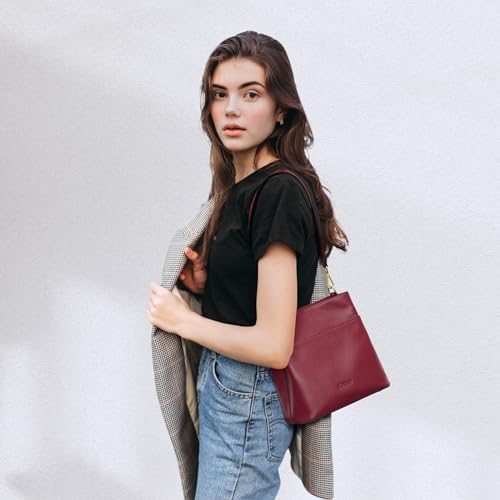 Kattee Leather Handbags for Women, Soft Shoulder Tote Bucket Bags Crossbody Purses with 2 Straps Red - Image 3