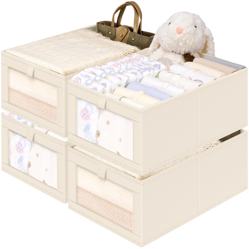 Criusia Closet Organizers and Storage, 4 Pack Linen Closet Baskets with Mesh Window for Organization, Foldable Closet Organizer for Clothing, Towels, Toys, Nursery, Books, Shelves, Beige - Image 1