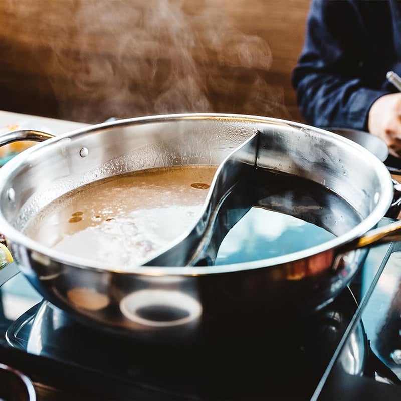 وعاء الطبخ المزدوج الفضي المقسم مع غطاء، موقد تحريضي متعدد الوظائف، موقد غاز، أواني طهي 30x30 سم - Image 5