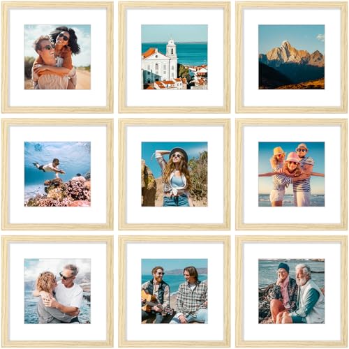 Vittanly 12x12 Picture Frames Set of 9 Shatter Resistant Plexiglass Display 8x8 Pictures with Mat or 12x12 without Mat Photo Frames for Wall Mount Engineered Wood OAK