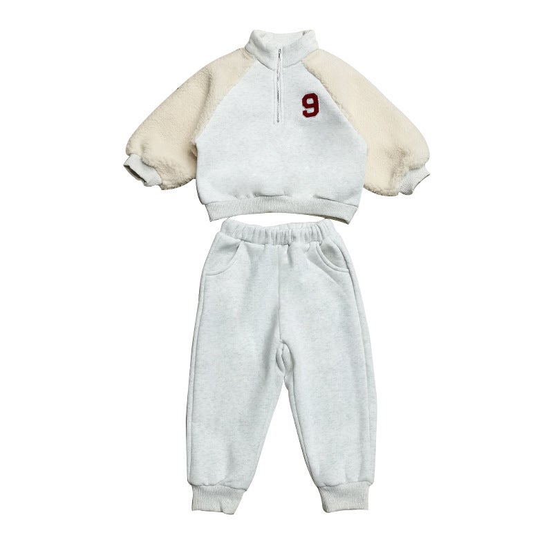 2024 childrens clothing Korean ins winter clothing for boys and girls suit lamb stitching fleece sweater half zipper two-piece set Light gray 