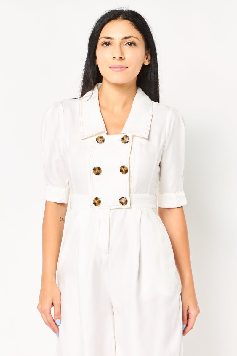 VERO MODA جمبسوت نسائي بأكمام كوع سادة، أبيض - Image 4