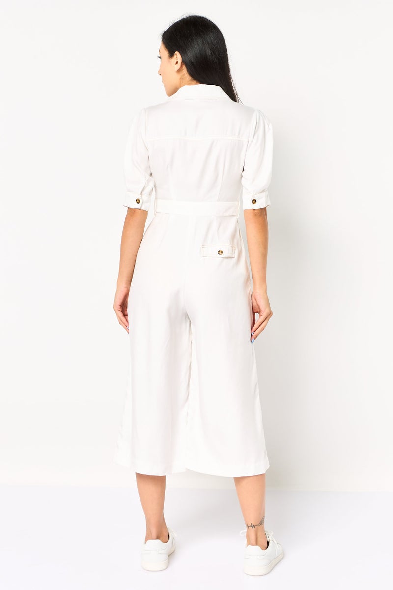 VERO MODA جمبسوت نسائي بأكمام كوع سادة، أبيض - Image 2