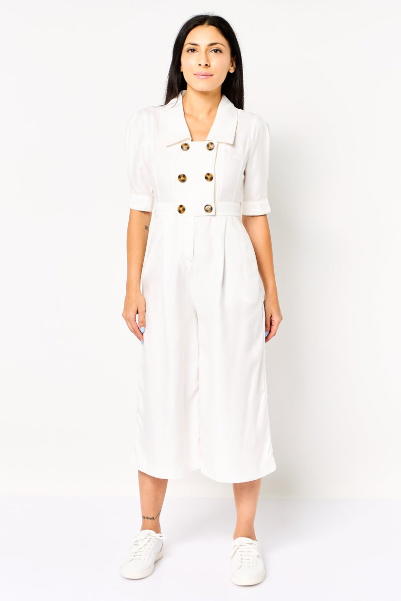 VERO MODA جمبسوت نسائي بأكمام كوع سادة، أبيض - Image 1