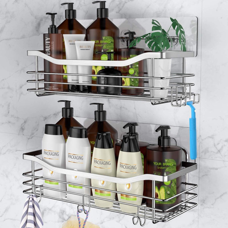 Orimade Shower Caddy Basket Shelf with 5 Hooks Adhesive Organizer Storage Rack Rustproof Wall Mounted Stainless Steel No Drilling for Bathroom Toilet Kitchen  2 Pack
