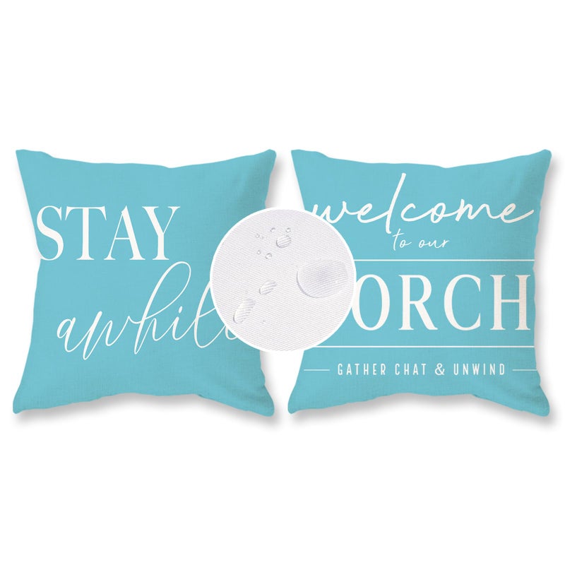 TAJWE Blue Outdoor Pillow Covers Waterproof 18x18 Set of 2 Welcome to Our Porch Stay Awhile Cushion Cases for Patio Furniture Sofa Couch Decor - Image 5