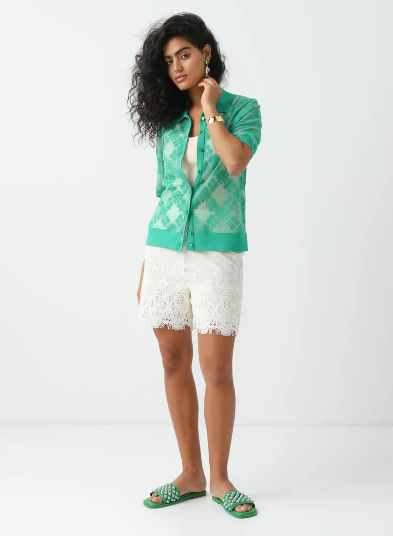 La Lindeza Women's Cotton Knitted lace cardigan 3/4 Sleeve Green
