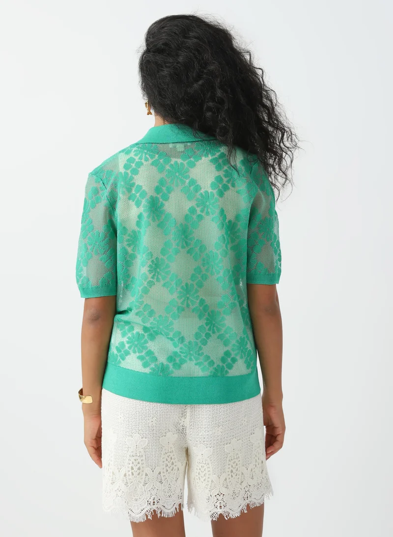 La Lindeza Women's Cotton Knitted lace cardigan 3/4 Sleeve Green