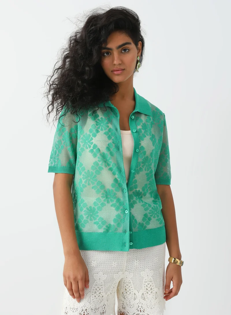 La Lindeza Women's Cotton Knitted lace cardigan 3/4 Sleeve Green