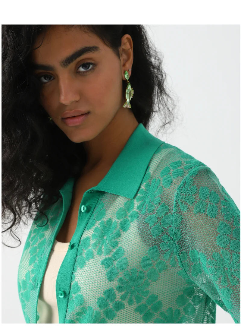 La Lindeza Women's Cotton Knitted lace cardigan 3/4 Sleeve Green