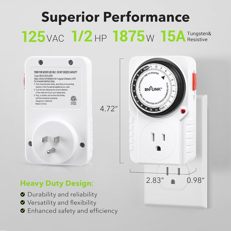BN-LINK 24 Hour Plug-in Mechanical Timer Grounded for Aquarium, Grow Light, Hydroponics, Indoor Lighting, Home Appliances, ETL Listed 125VAC, 60 Hz, 1875W, 15A, 1/2HP (2 Pack) - Image 4