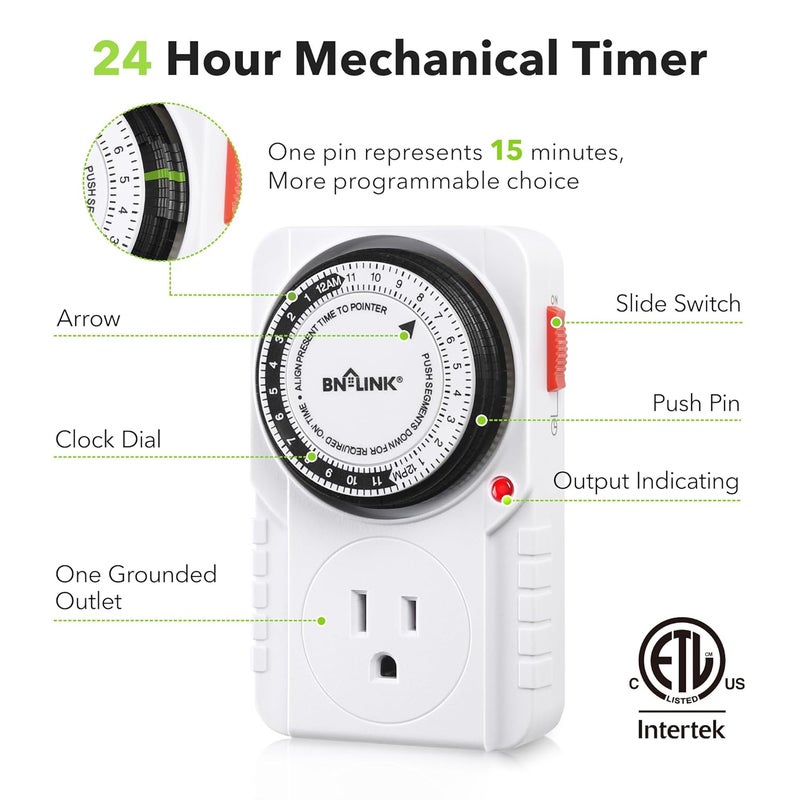 BN-LINK 24 Hour Plug-in Mechanical Timer Grounded for Aquarium, Grow Light, Hydroponics, Indoor Lighting, Home Appliances, ETL Listed 125VAC, 60 Hz, 1875W, 15A, 1/2HP (2 Pack) - Image 2