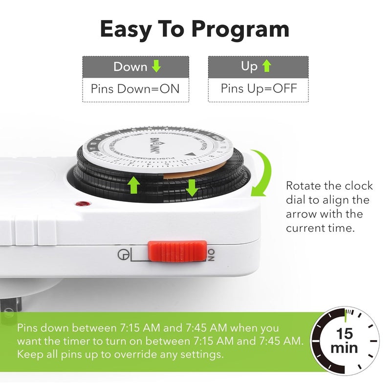 BN-LINK 24 Hour Plug-in Mechanical Timer Grounded for Aquarium, Grow Light, Hydroponics, Indoor Lighting, Home Appliances, ETL Listed 125VAC, 60 Hz, 1875W, 15A, 1/2HP (2 Pack) - Image 3