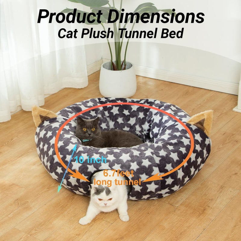 LUCKITTY Large Cat Tunnel Bed Under Christmas Tree with Fluffy Toy Balls, Small Cushion and Flexible Design- 10 inch Diameter, 3 ft Length- Great for Cats, and Small Dogs, Gray Star Pattern - Image 3