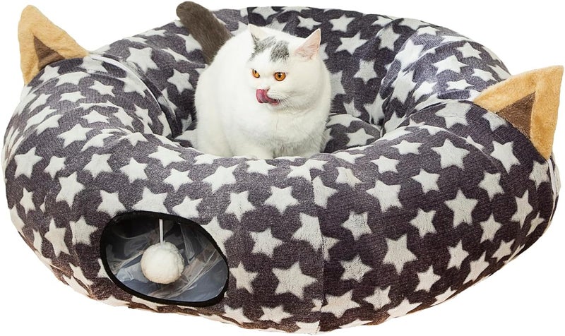 LUCKITTY Large Cat Tunnel Bed Under Christmas Tree with Fluffy Toy Balls, Small Cushion and Flexible Design- 10 inch Diameter, 3 ft Length- Great for Cats, and Small Dogs, Gray Star Pattern - Image 1