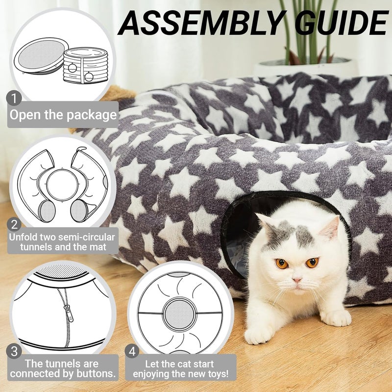 LUCKITTY Large Cat Tunnel Bed Under Christmas Tree with Fluffy Toy Balls, Small Cushion and Flexible Design- 10 inch Diameter, 3 ft Length- Great for Cats, and Small Dogs, Gray Star Pattern - Image 5