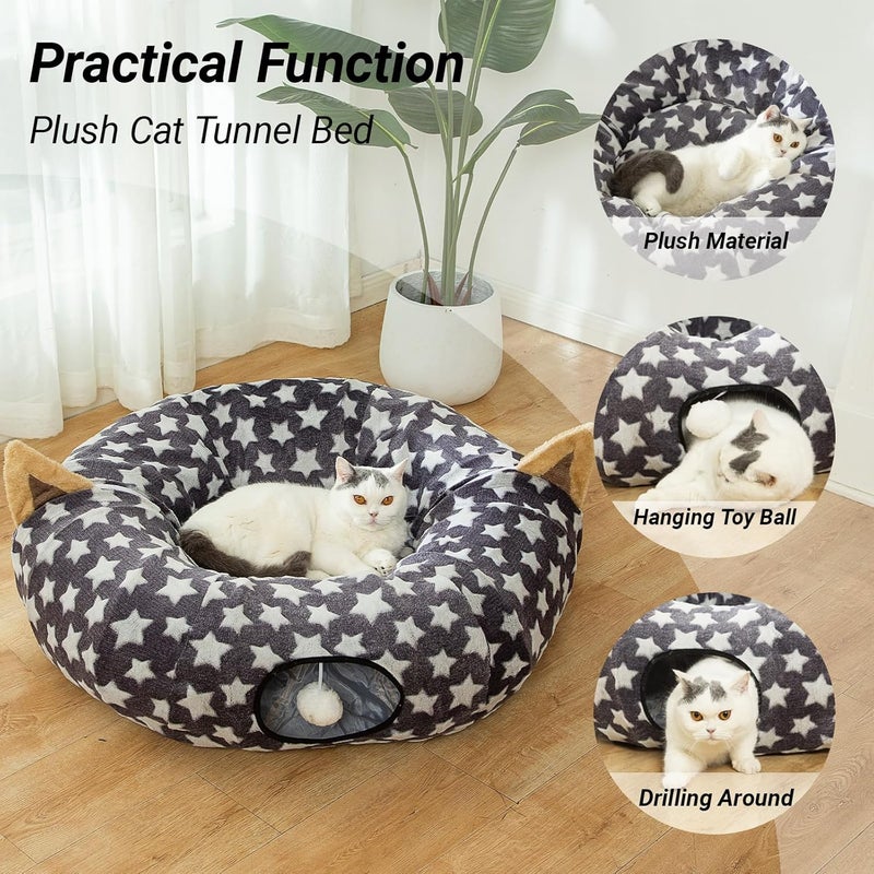LUCKITTY Large Cat Tunnel Bed Under Christmas Tree with Fluffy Toy Balls, Small Cushion and Flexible Design- 10 inch Diameter, 3 ft Length- Great for Cats, and Small Dogs, Gray Star Pattern - Image 2
