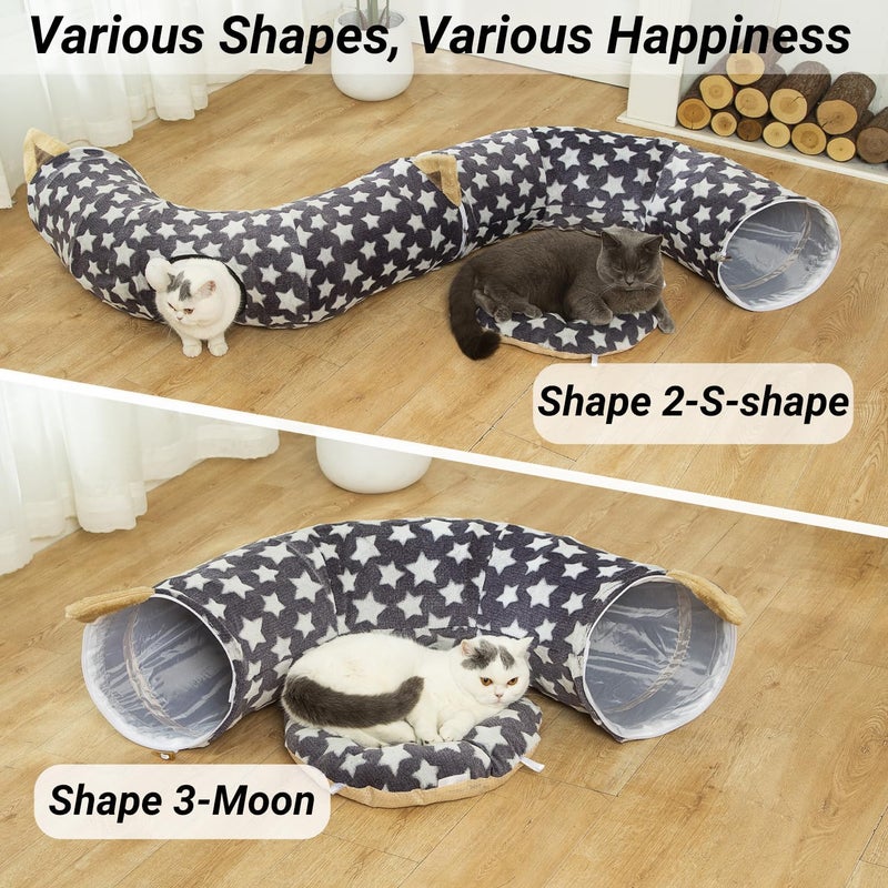 LUCKITTY Large Cat Tunnel Bed Under Christmas Tree with Fluffy Toy Balls, Small Cushion and Flexible Design- 10 inch Diameter, 3 ft Length- Great for Cats, and Small Dogs, Gray Star Pattern - Image 4