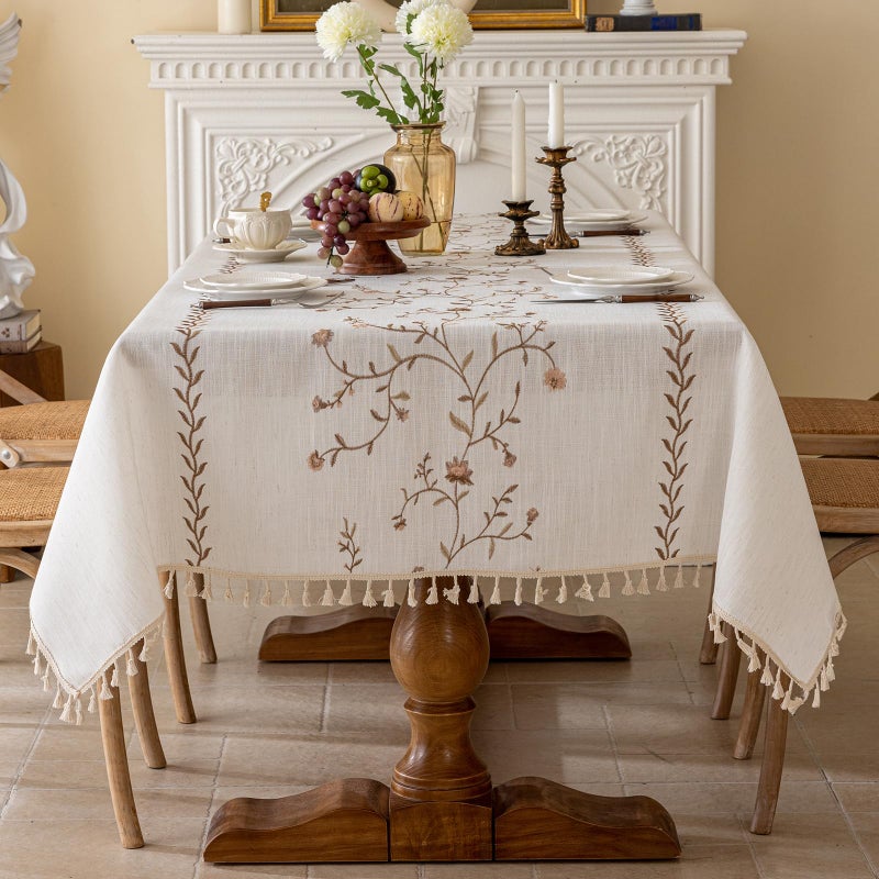 Joyfol Day Linen Waterproof Tablecloth with Tassels, Rustic Farmhouse Flowers Embroidery Table Cloths for Rectangle Tables, Heavy Weight Spill-Proof Table Covers, Coffee Florals, 55''x 70'' - Image 2