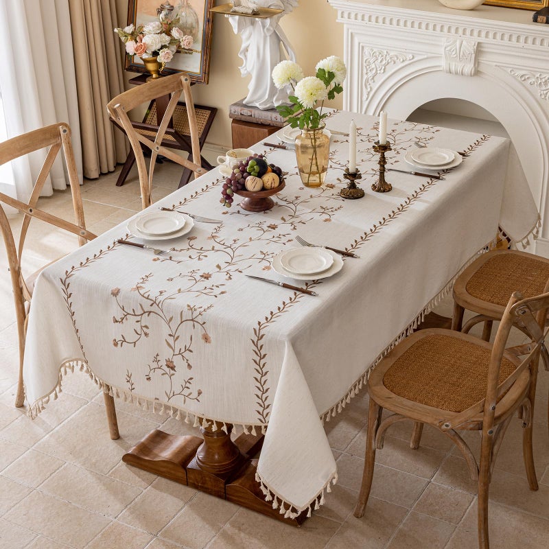 Joyfol Day Linen Waterproof Tablecloth with Tassels, Rustic Farmhouse Flowers Embroidery Table Cloths for Rectangle Tables, Heavy Weight Spill-Proof Table Covers, Coffee Florals, 55''x 70'' - Image 1