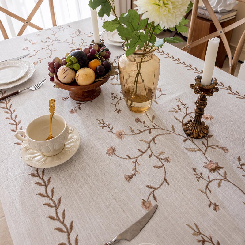 Joyfol Day Linen Waterproof Tablecloth with Tassels, Rustic Farmhouse Flowers Embroidery Table Cloths for Rectangle Tables, Heavy Weight Spill-Proof Table Covers, Coffee Florals, 55''x 70'' - Image 3