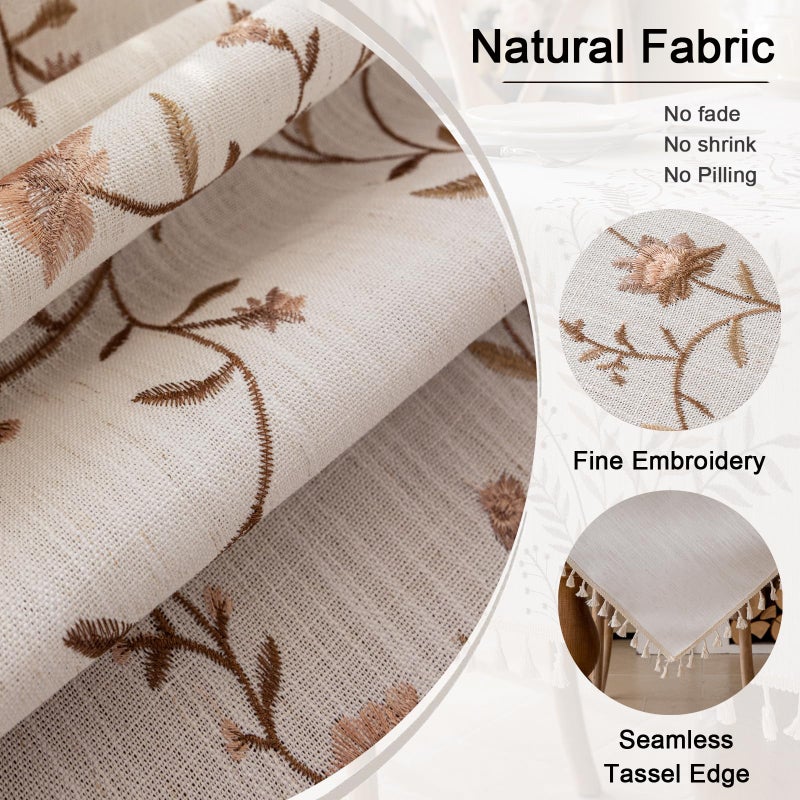 Joyfol Day Linen Waterproof Tablecloth with Tassels, Rustic Farmhouse Flowers Embroidery Table Cloths for Rectangle Tables, Heavy Weight Spill-Proof Table Covers, Coffee Florals, 55''x 70'' - Image 4