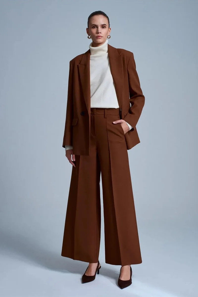 Dilvin Walnut Brown DILVIN Wide-Leg Crepe Trousers for Women | Best Price UAE