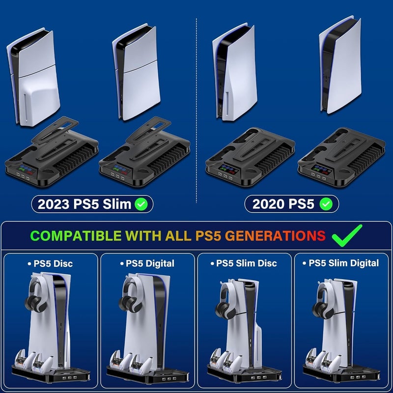 يسماكس حامل PS5 لوحدة تحكم PlayStation 5 Slim & Standard (قرص/رقمي) مع محطة شحن لوحدات التحكم، ملحق تبريد عمودي لـ PS5 Slim، يشمل مروحة تبريد/3 منافذ USB/حامل سماعات رأس (أسود) - Image 5