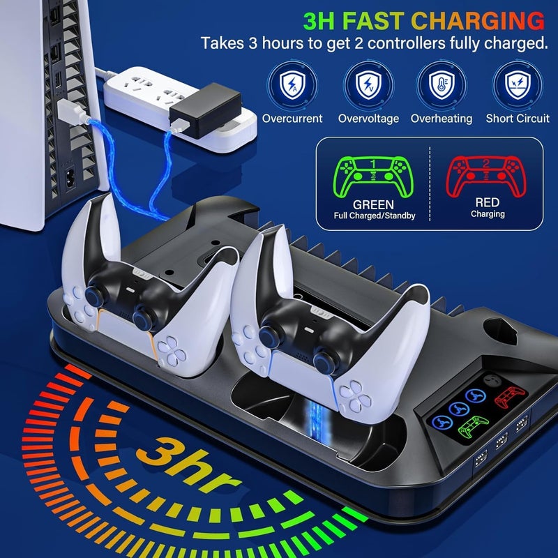 يسماكس حامل PS5 لوحدة تحكم PlayStation 5 Slim & Standard (قرص/رقمي) مع محطة شحن لوحدات التحكم، ملحق تبريد عمودي لـ PS5 Slim، يشمل مروحة تبريد/3 منافذ USB/حامل سماعات رأس (أسود) - Image 3