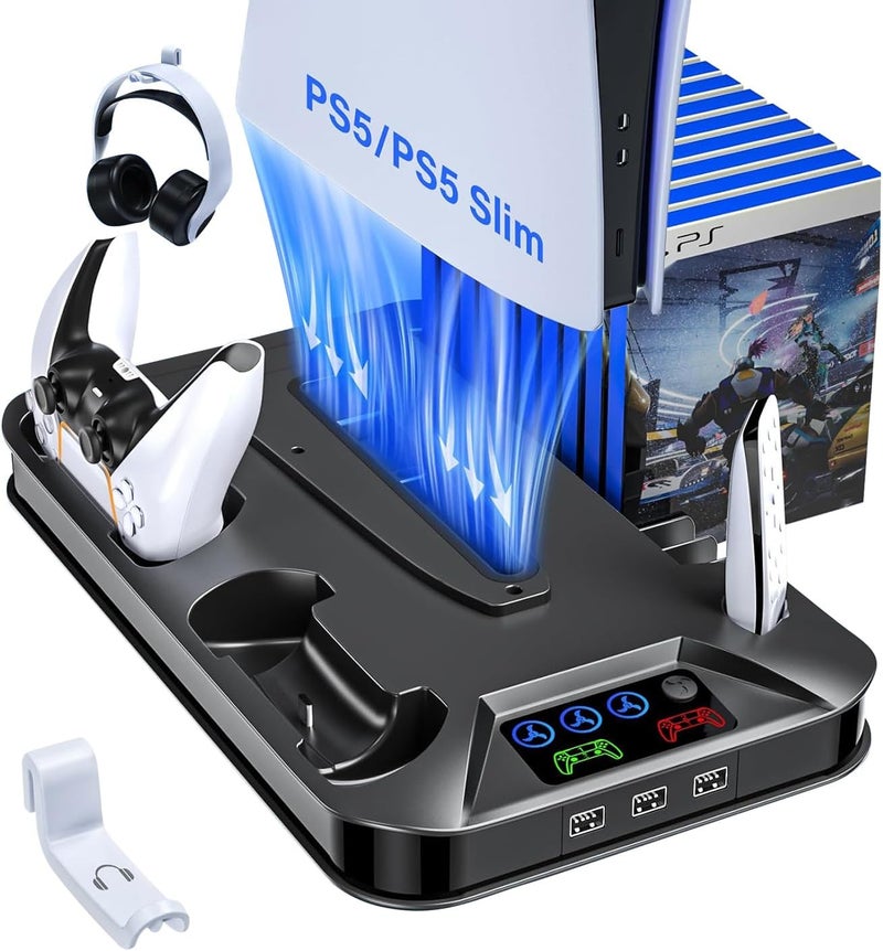 يسماكس حامل PS5 لوحدة تحكم PlayStation 5 Slim & Standard (قرص/رقمي) مع محطة شحن لوحدات التحكم، ملحق تبريد عمودي لـ PS5 Slim، يشمل مروحة تبريد/3 منافذ USB/حامل سماعات رأس (أسود) - Image 1