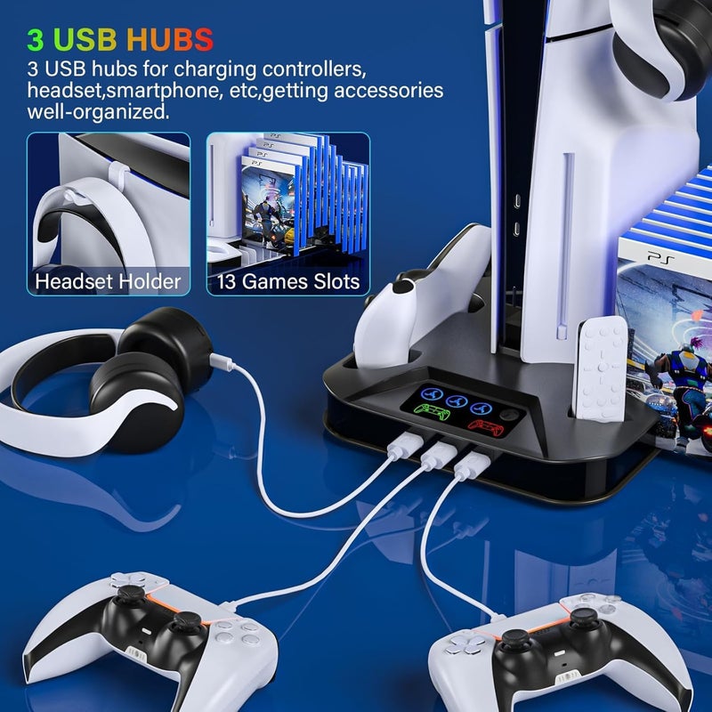 يسماكس حامل PS5 لوحدة تحكم PlayStation 5 Slim & Standard (قرص/رقمي) مع محطة شحن لوحدات التحكم، ملحق تبريد عمودي لـ PS5 Slim، يشمل مروحة تبريد/3 منافذ USB/حامل سماعات رأس (أسود) - Image 4