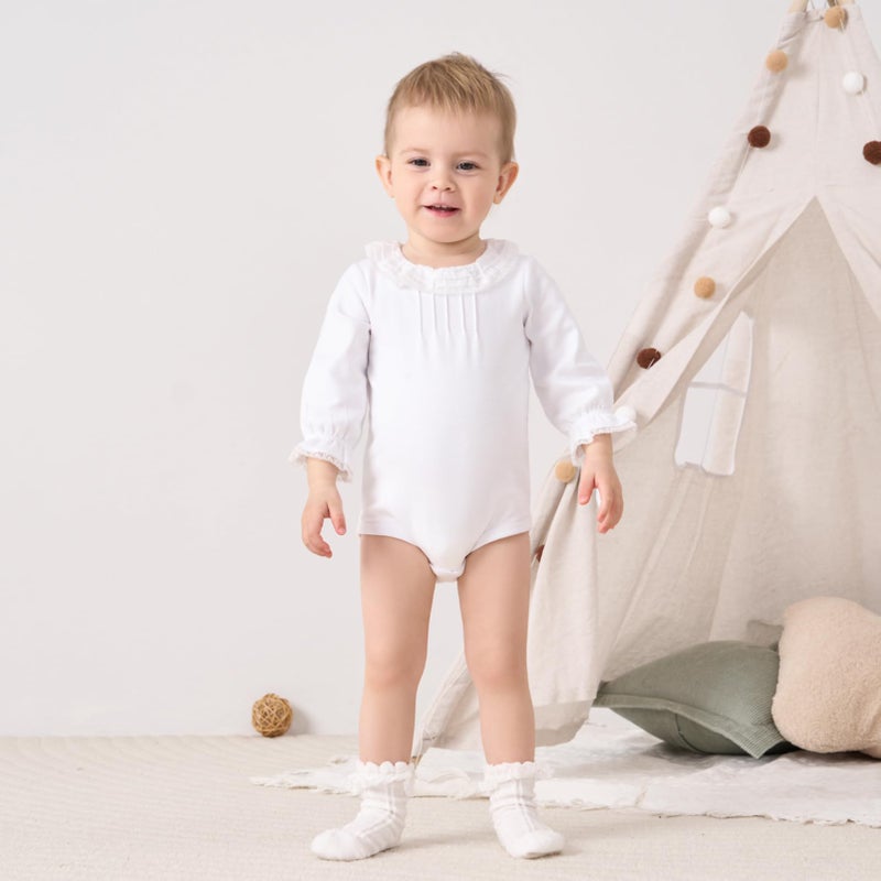 pureborn Baby Girls Bodysuit Long Sleeve Ruffled Collar Cotton White Spring Fall Outfit for Infant 0-3 Months - Image 3