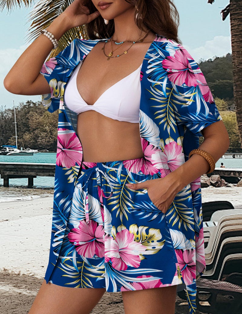 REDHOTYPE Women's Hawaiian Beach Outfit 2 Piece Tropical Print Swim Cover Up Shorts Set Summer Vacation Beachwear,Blue Flower, M - Image 4