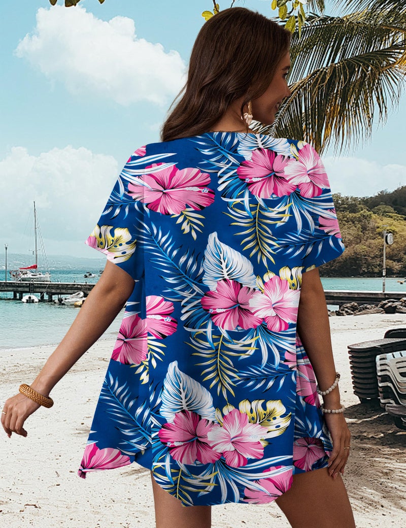 REDHOTYPE Women's Hawaiian Beach Outfit 2 Piece Tropical Print Swim Cover Up Shorts Set Summer Vacation Beachwear,Blue Flower, M - Image 5