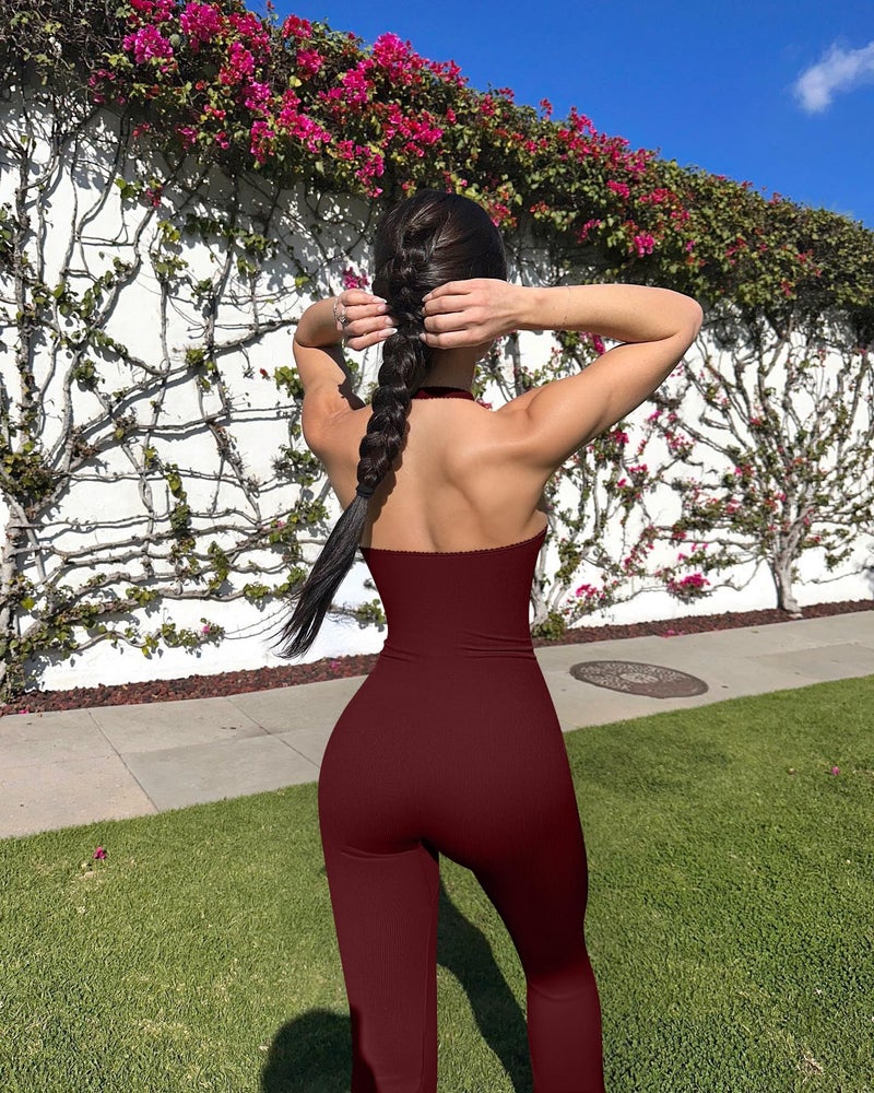 OQQ Jumpsuits for Women Fall Winter Halterneck Sleeveless Lace-Trim Flared Jumpsuit Darkred - Image 5