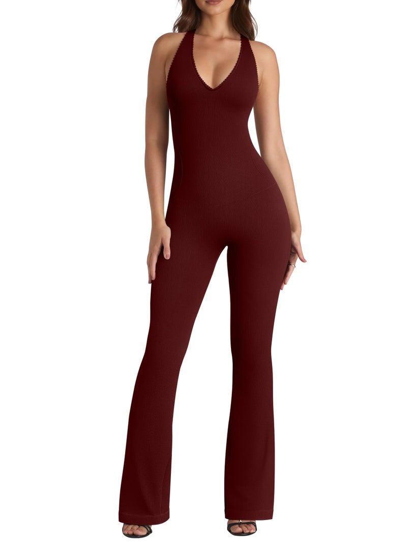 OQQ Jumpsuits for Women Fall Winter Halterneck Sleeveless Lace-Trim Flared Jumpsuit Darkred - Image 1