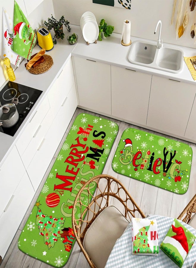 FuWeave Xmas Kitchen Rugs Kitchen Mats Towels Christmas Red Green Holiday Decor Farmhouse Decor for Home Waterproof Non Slip Rugs and Towels(Green, White,Christmas) - Image 2