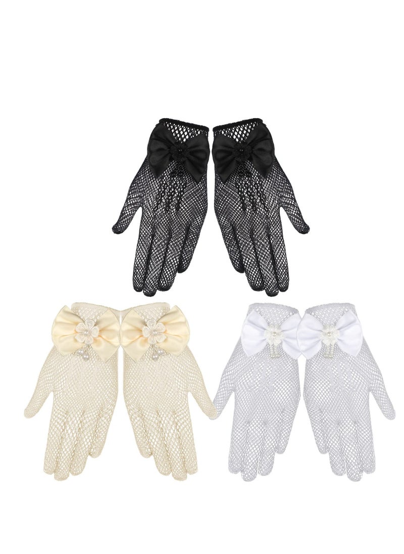 SYOSI 3 Pairs Girl Net Lace Gloves Tea Party Gloves Princess Gloves Bow Tie Gloves Kids First Communion Gloves for Little Girls Pearl Dress Gloves for Wedding Pageant for Girls Aged 4-16  - Image 1