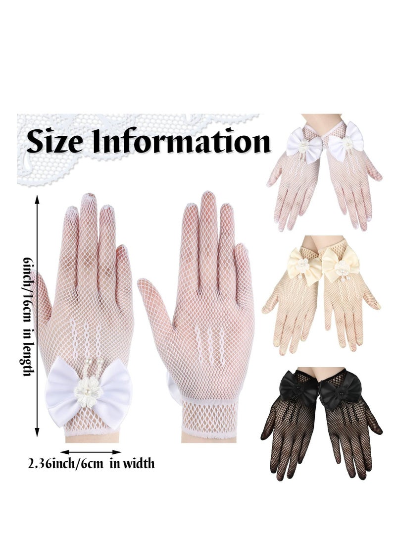 SYOSI 3 Pairs Girl Net Lace Gloves Tea Party Gloves Princess Gloves Bow Tie Gloves Kids First Communion Gloves for Little Girls Pearl Dress Gloves for Wedding Pageant for Girls Aged 4-16  - Image 3