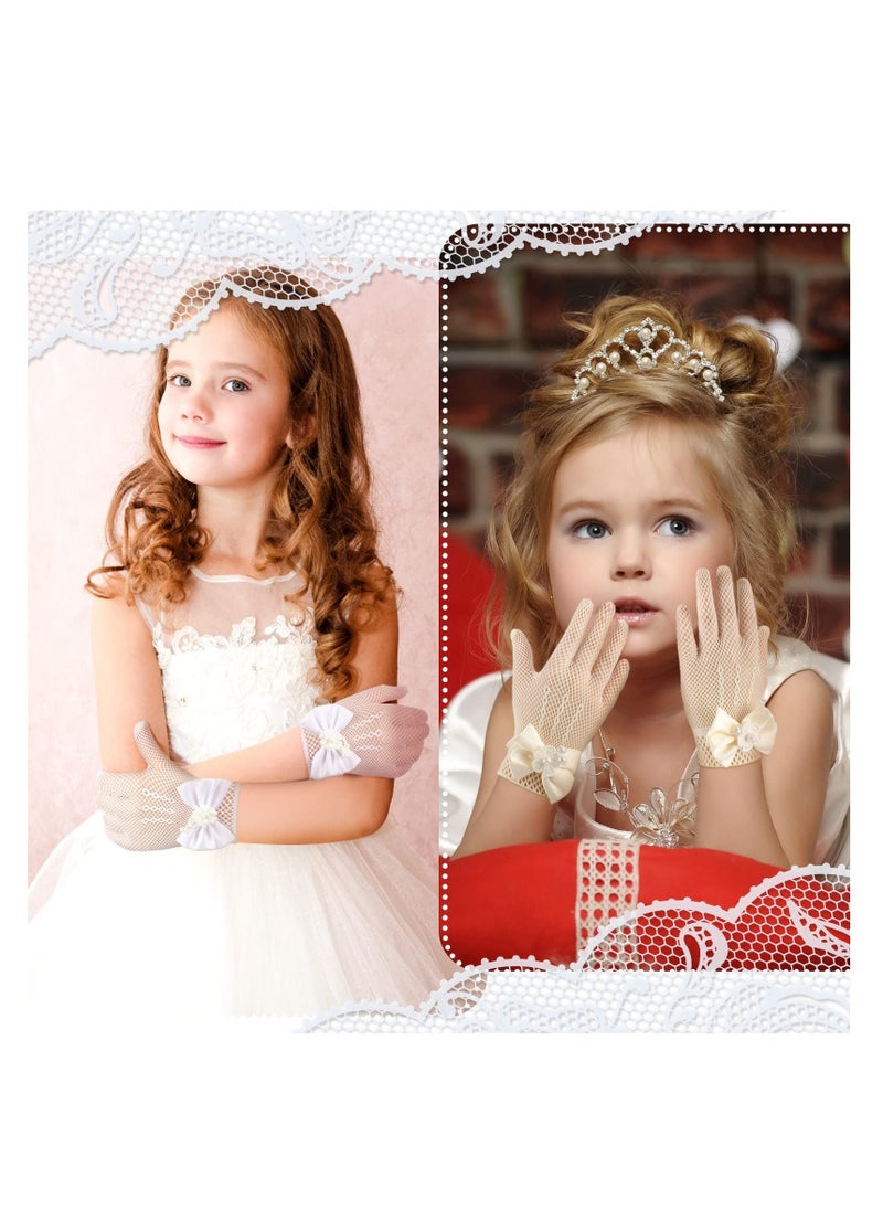 SYOSI 3 Pairs Girl Net Lace Gloves Tea Party Gloves Princess Gloves Bow Tie Gloves Kids First Communion Gloves for Little Girls Pearl Dress Gloves for Wedding Pageant for Girls Aged 4-16  - Image 4